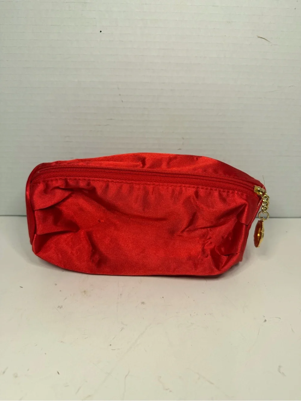 Yves Saint Laurent YSL Red Satin Cosmetic Makeup Bag with Logo Charm